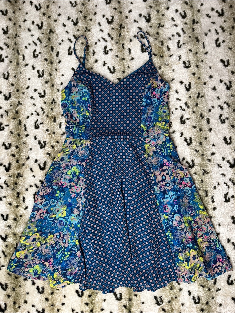 Fire Los Angeles Blue Mixed-Print Spaghetti Mini Dress